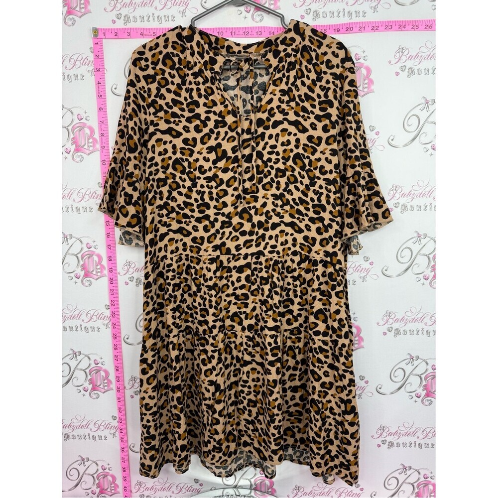 SHEIN dress ruffle details Tan and Black Leopard Print Midi Dress